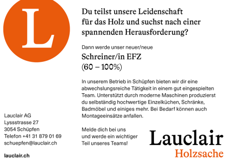 Stelleninserat Schreiner/in EFZ 60 - 100%